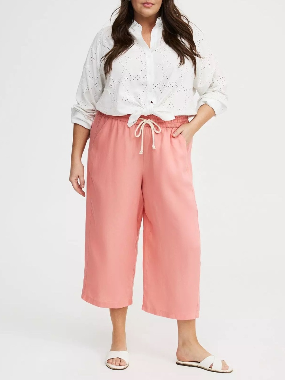Pants 1X Wide Leg Cropped Linen Blend High Rise Pull On Pockets Plus Size (14-16